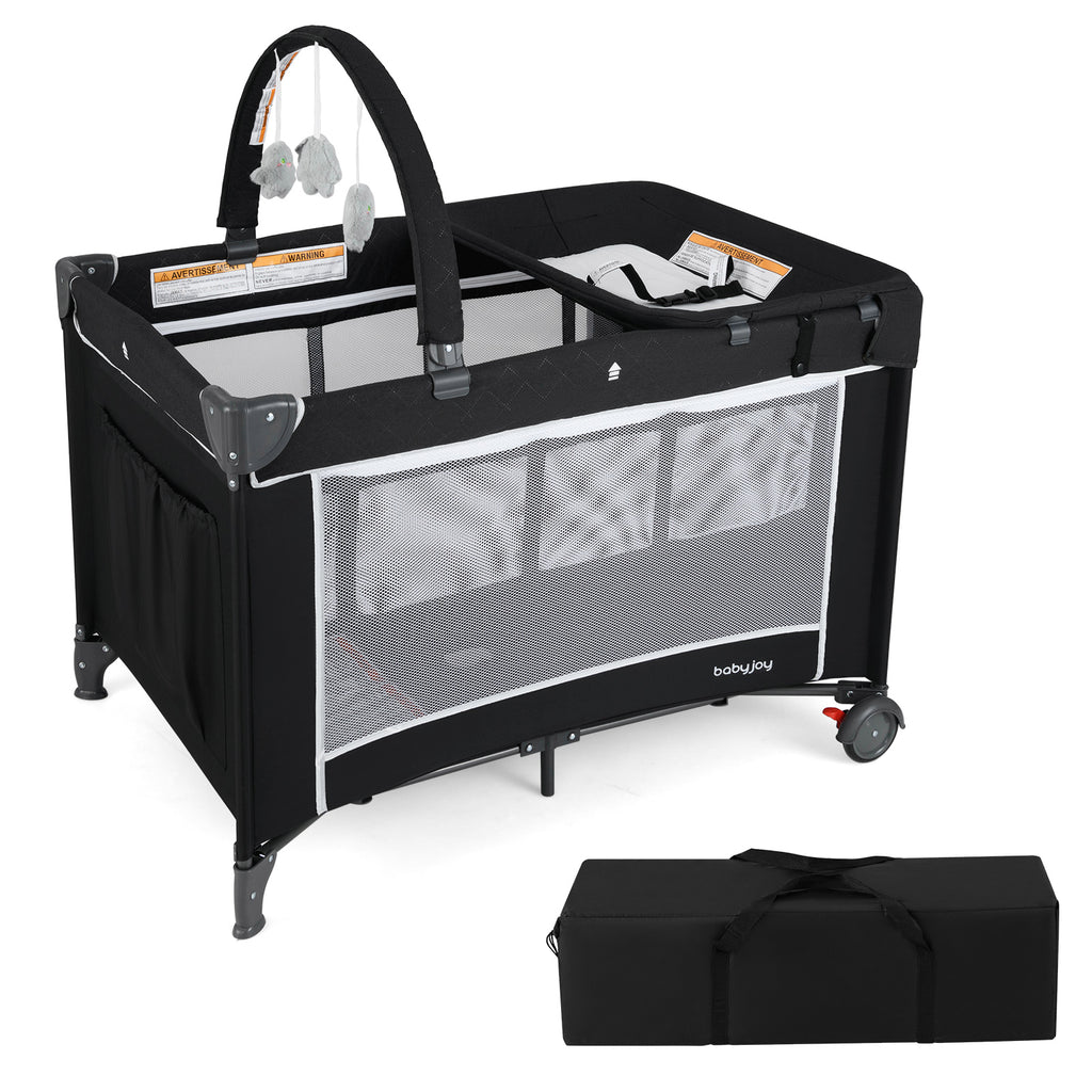 Black 3-in-1 Portable Baby Crib Playpen with Changing Table & Mesh Sides