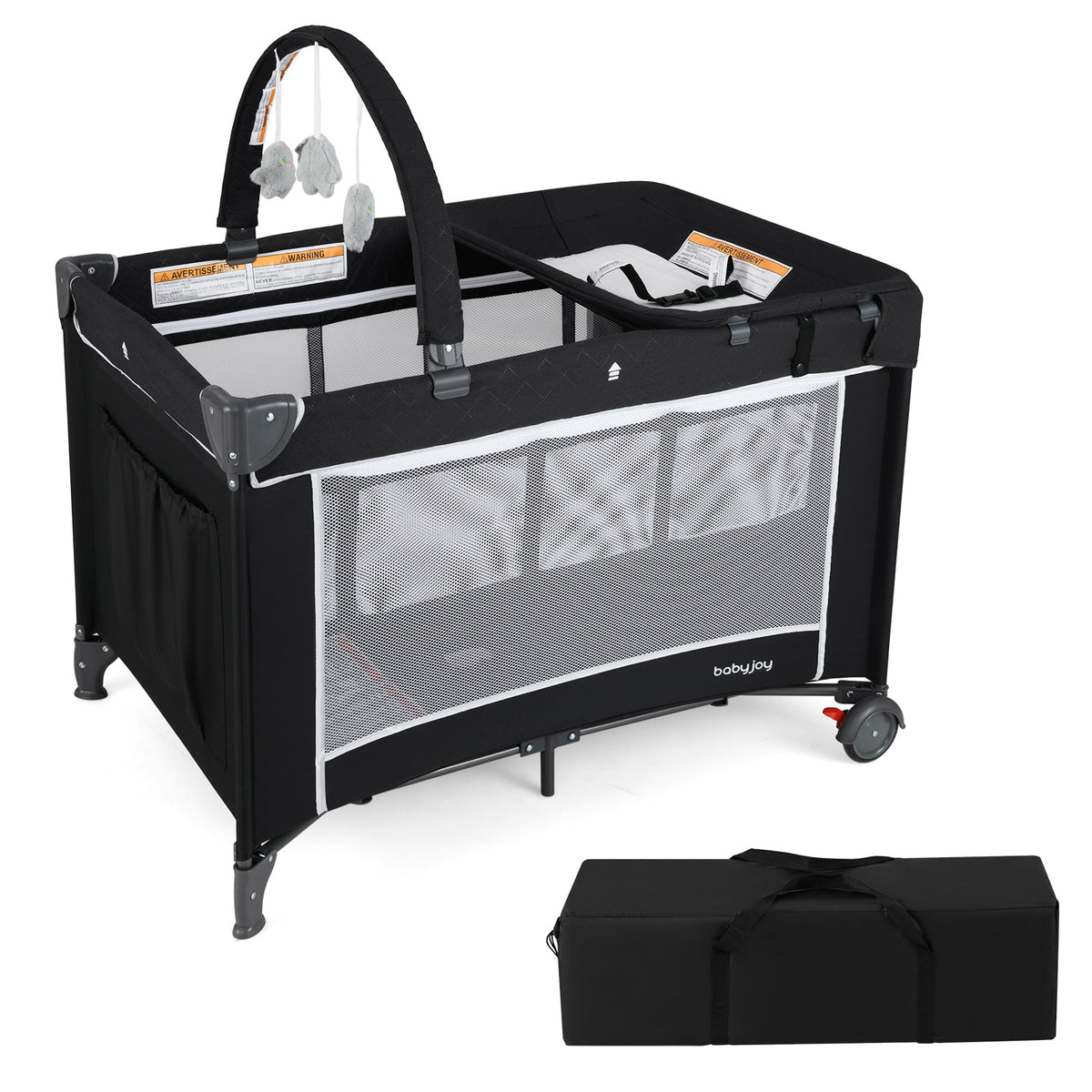 Black 3-in-1 Portable Baby Crib Playpen with Changing Table & Mesh Sides