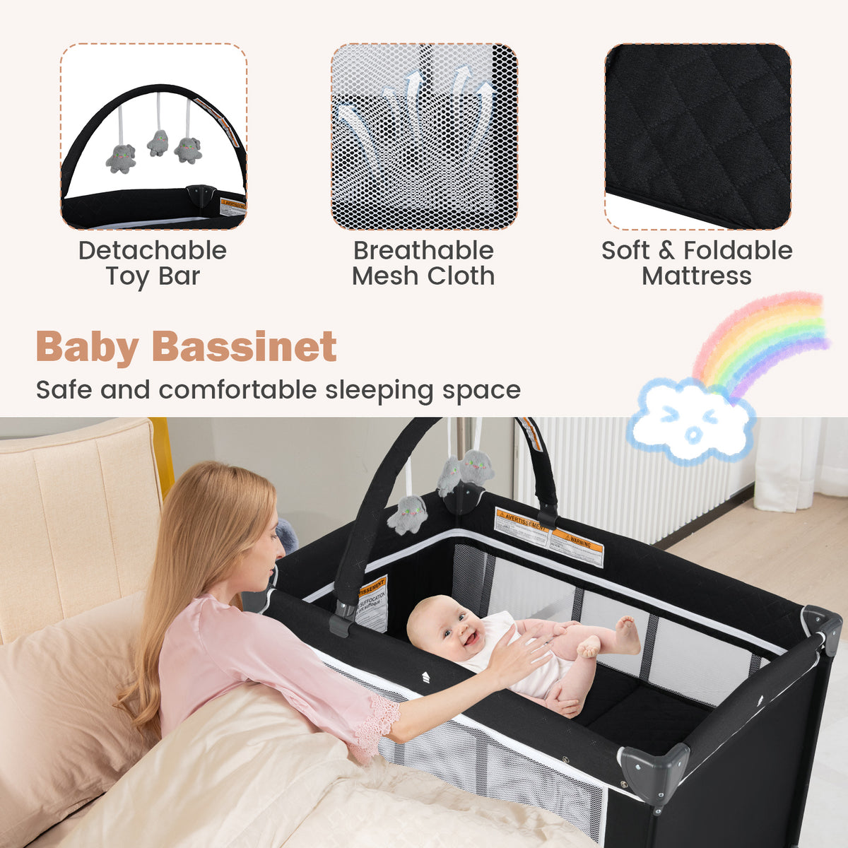 Black 3-in-1 Portable Baby Crib Playpen with Changing Table & Mesh Sides