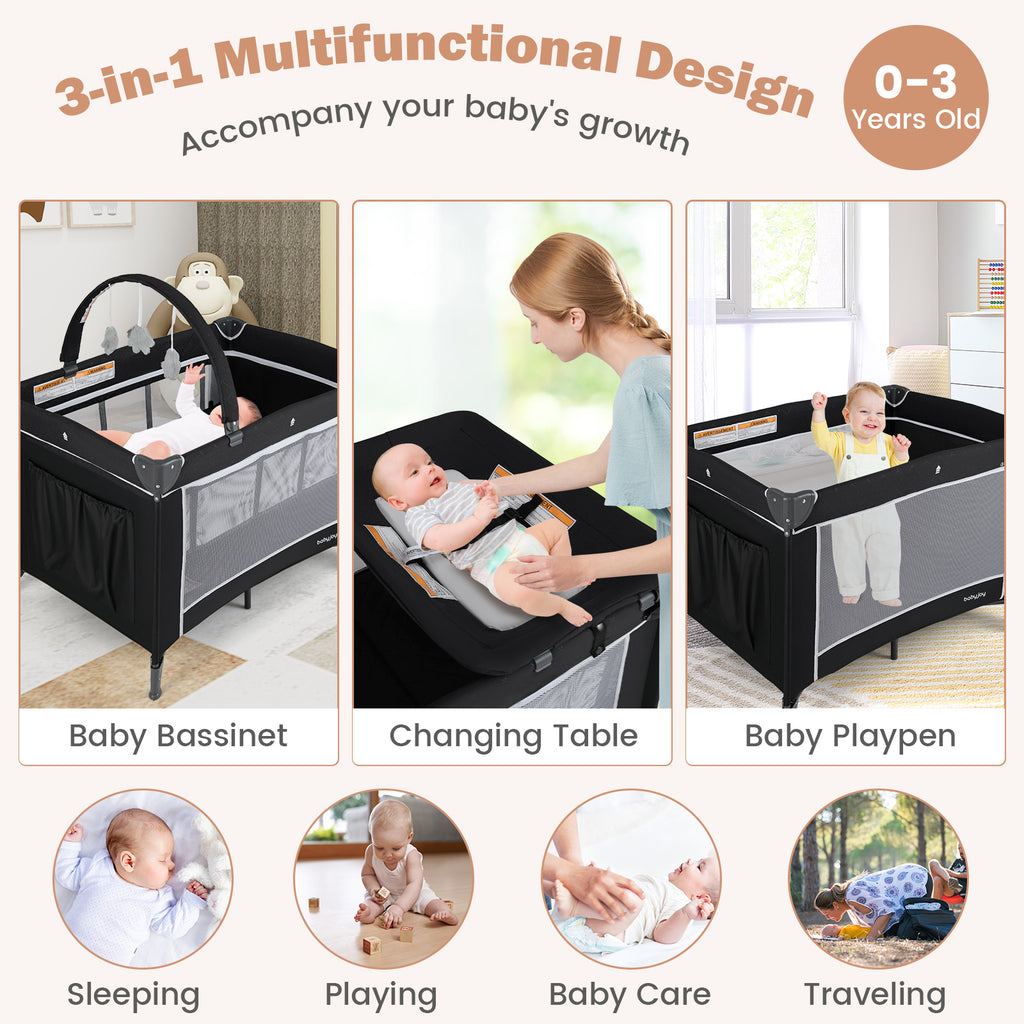 Black 3-in-1 Portable Baby Crib Playpen with Changing Table & Mesh Sides