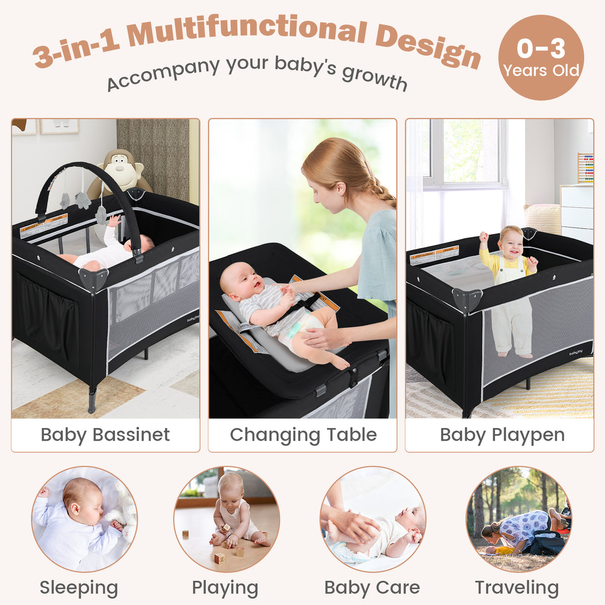 Black 3-in-1 Portable Baby Crib Playpen with Changing Table & Mesh Sides