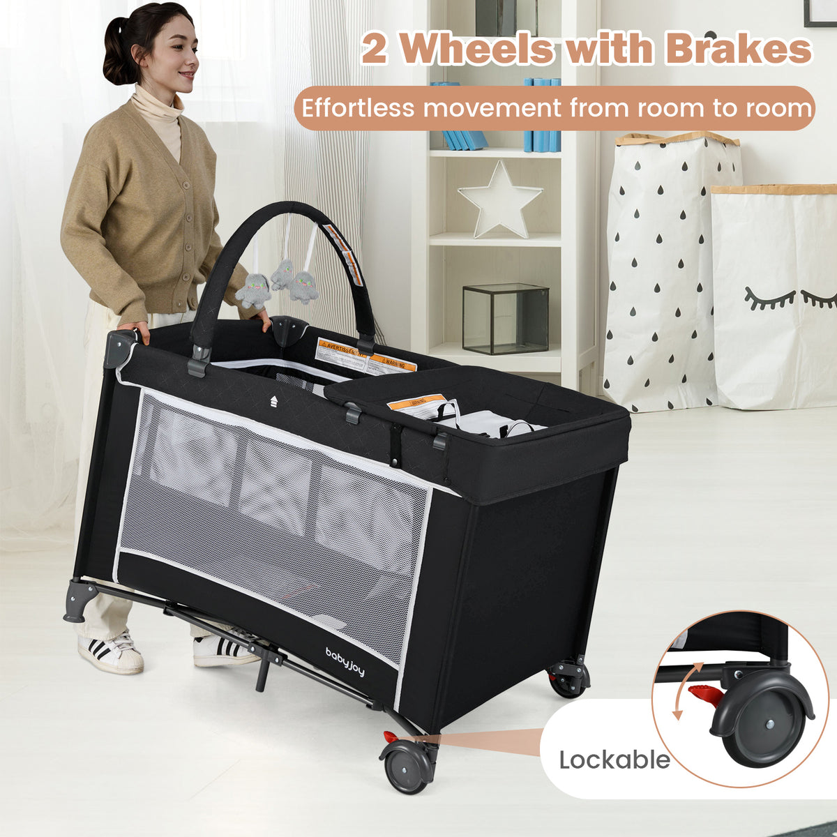 Black 3-in-1 Portable Baby Crib Playpen with Changing Table & Mesh Sides