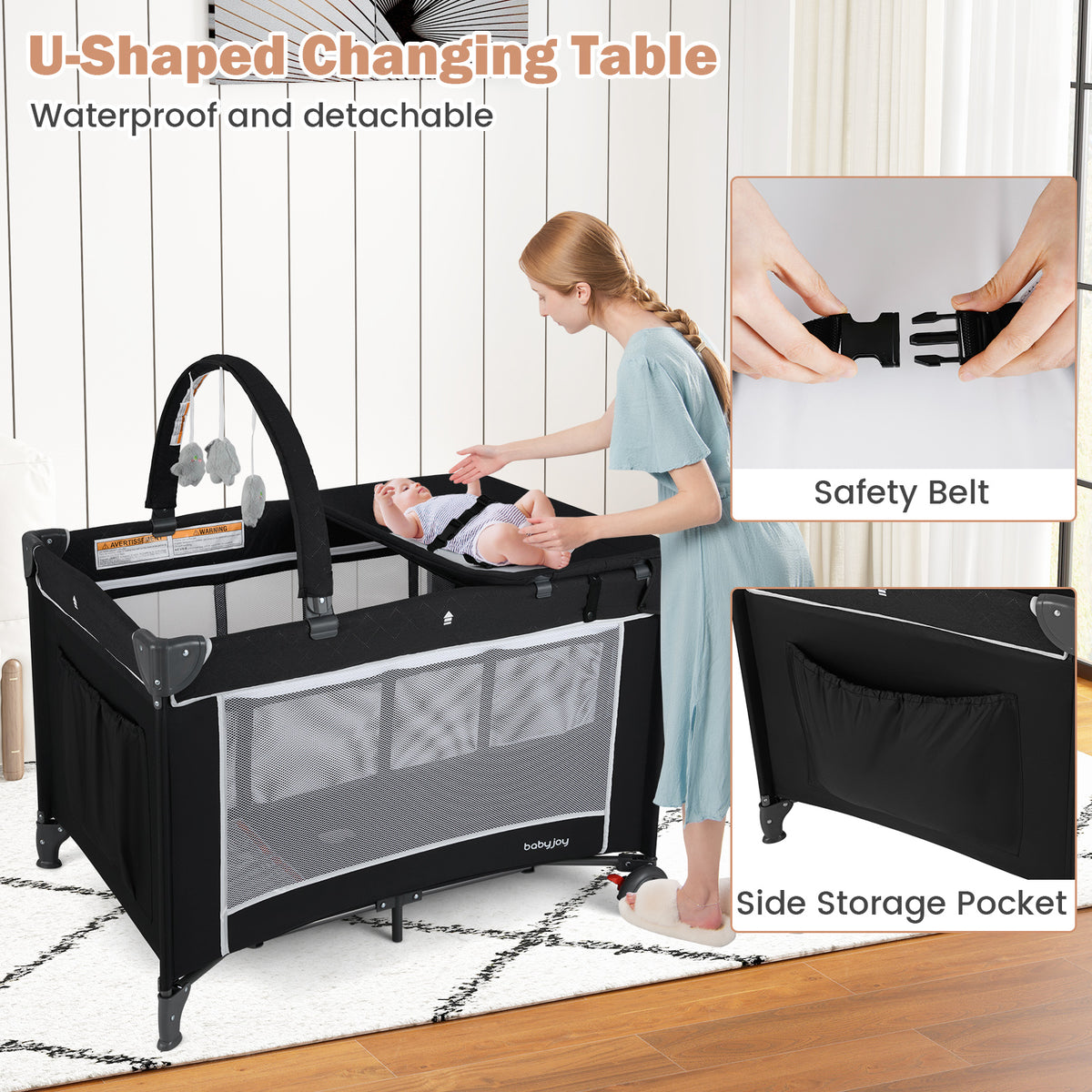 Black 3-in-1 Portable Baby Crib Playpen with Changing Table & Mesh Sides