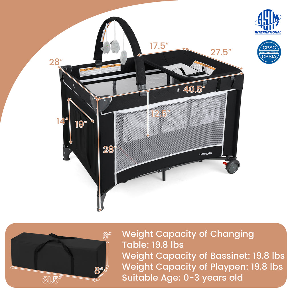 Black 3-in-1 Portable Baby Crib Playpen with Changing Table & Mesh Sides