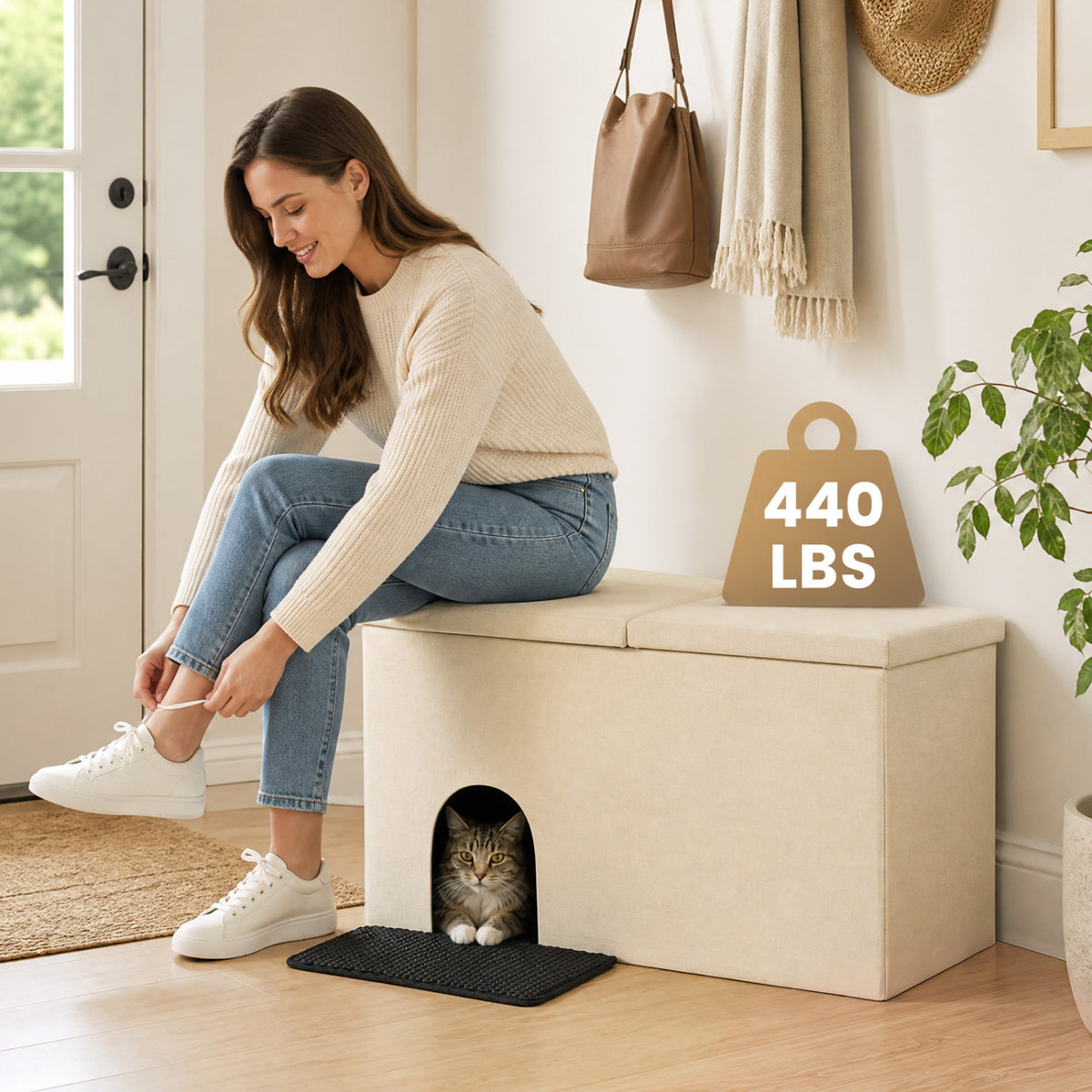 3-in-1 Cat Litter Box Enclosure with Removable Divider - Beige