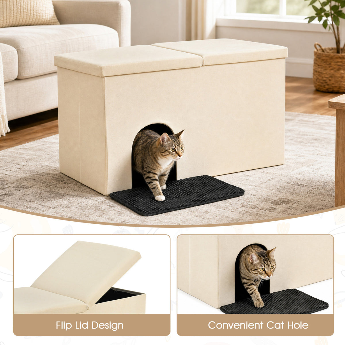 3-in-1 Cat Litter Box Enclosure with Removable Divider - Beige