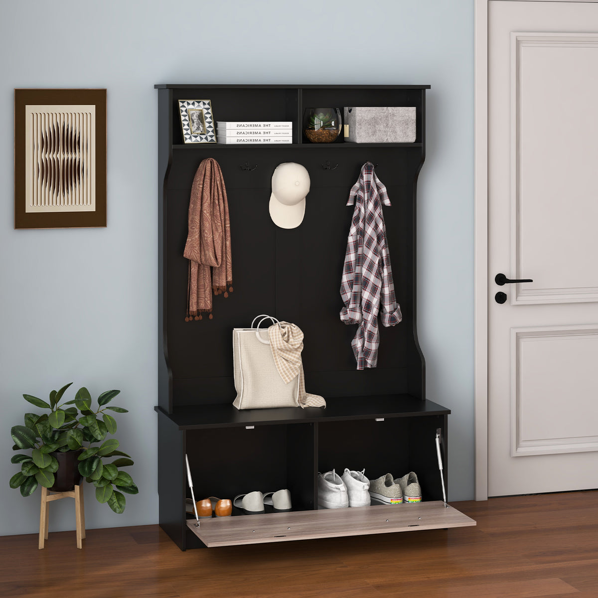 3 in 1 Coat Rack with Entryway Bench and Hooks Enclosed Cabinet