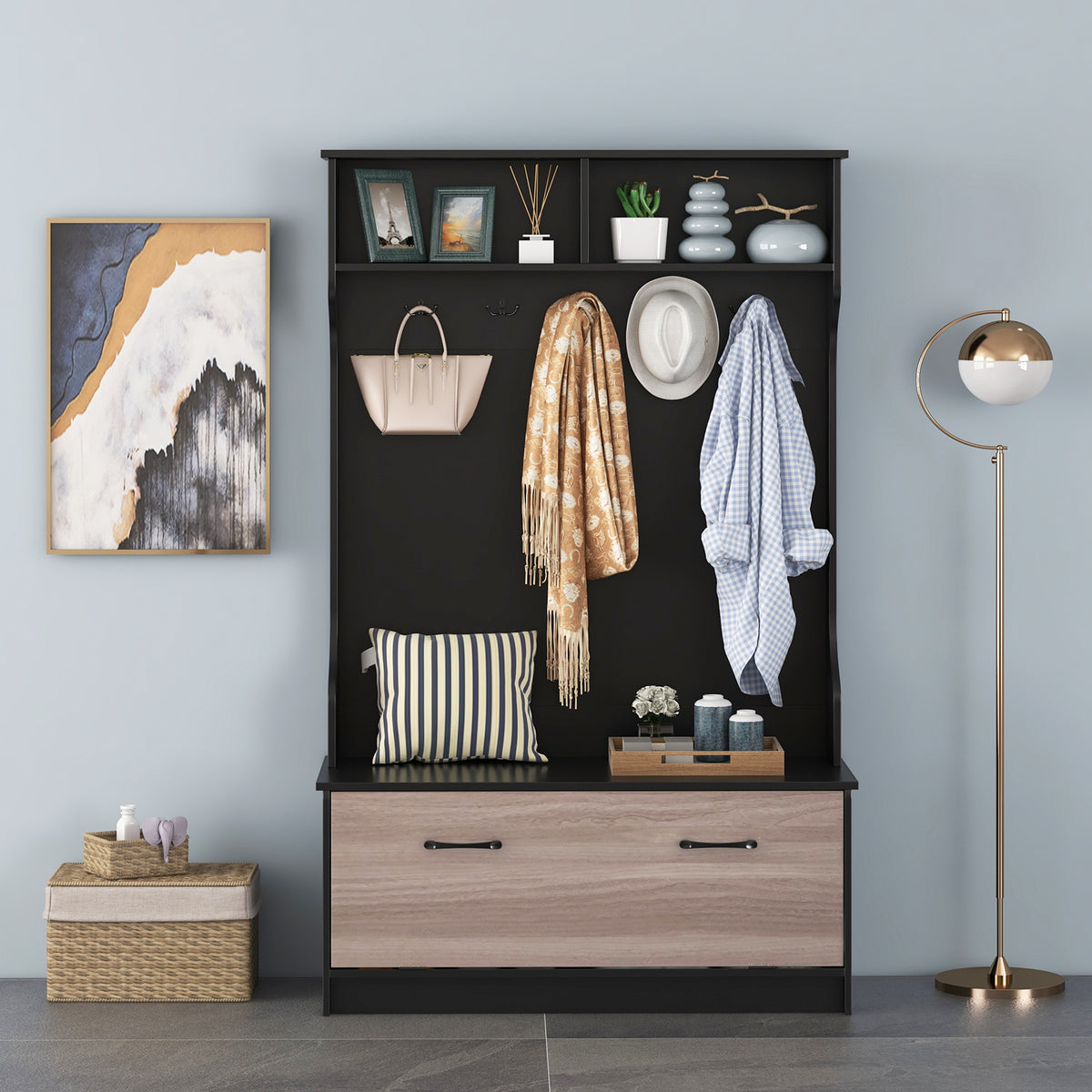 3 in 1 Coat Rack with Entryway Bench and Hooks Enclosed Cabinet