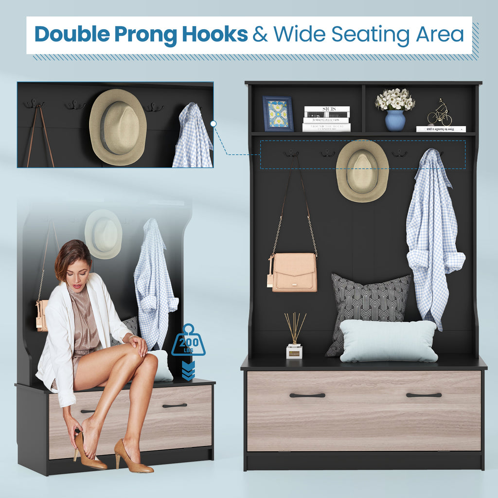 3 in 1 Coat Rack with Entryway Bench and Hooks Enclosed Cabinet