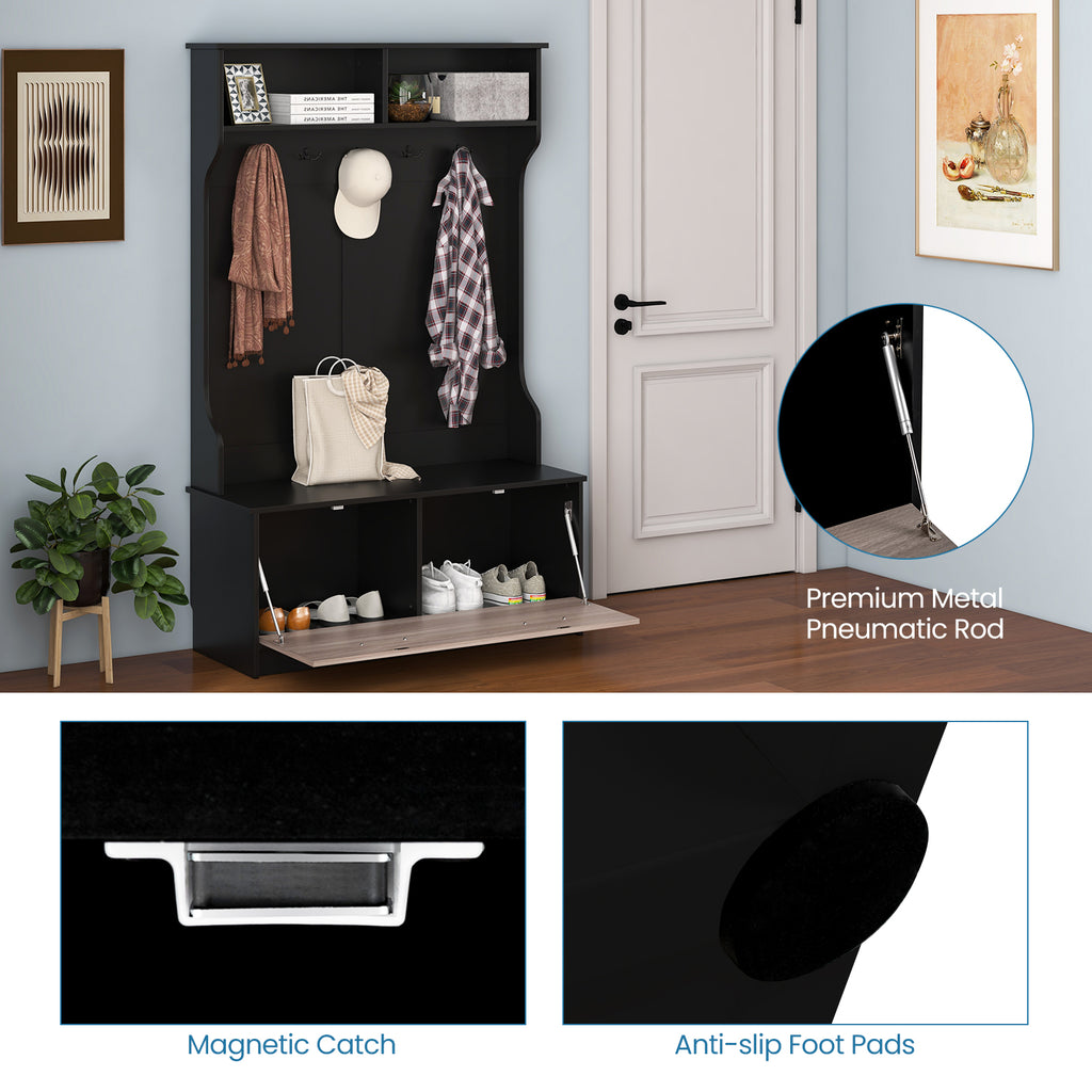 3 in 1 Coat Rack with Entryway Bench and Hooks Enclosed Cabinet