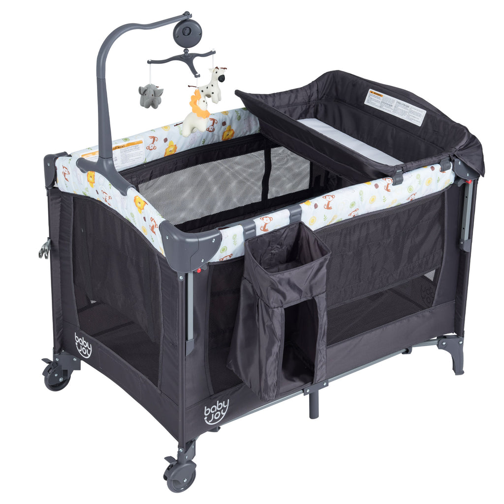 3-in-1 Portable Baby Playard with Music Box, Wheels & Brakes - Dark Gray Variation