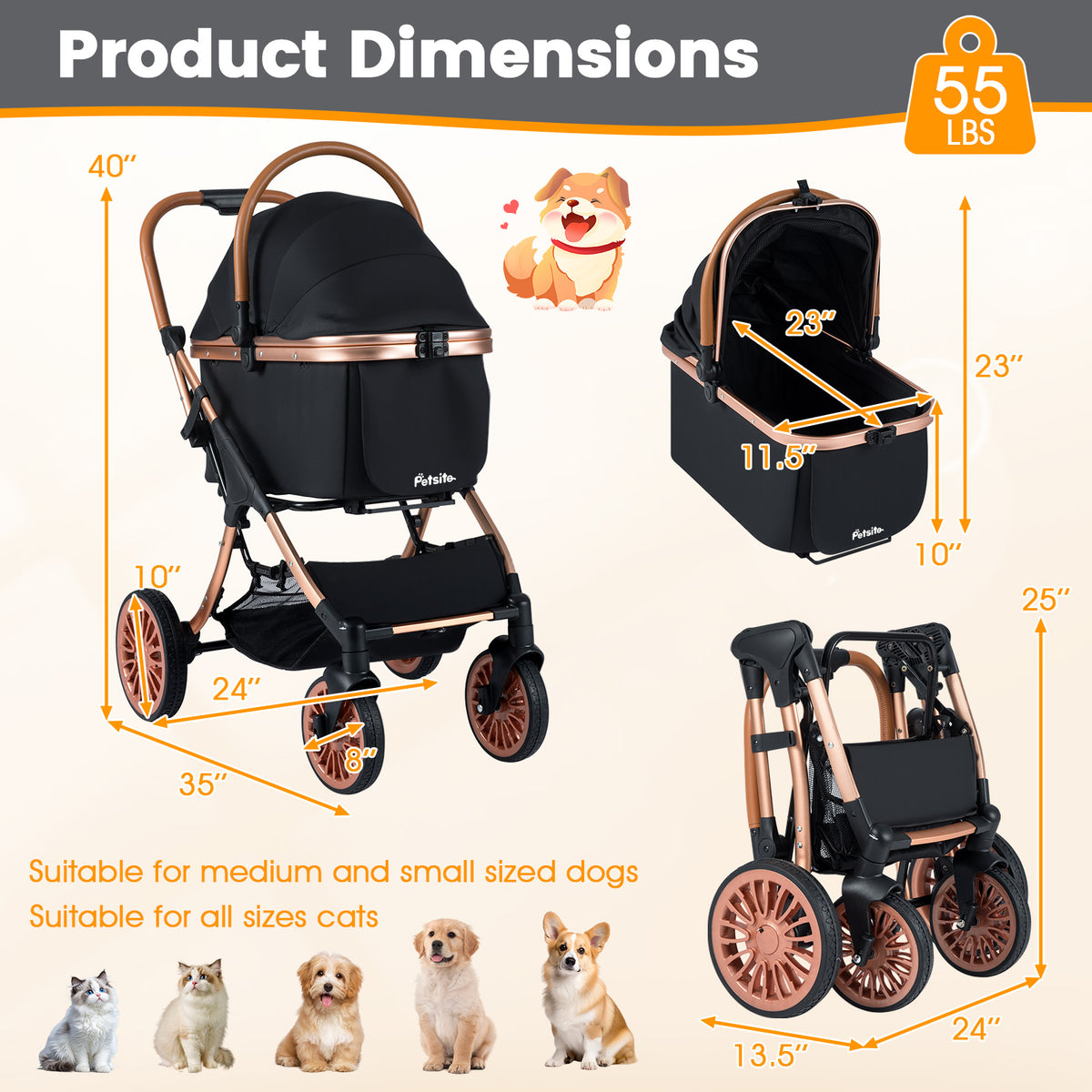 Costway 3-in-1 Foldable Pet Stroller with Sun Shade & Safety Belt - Black