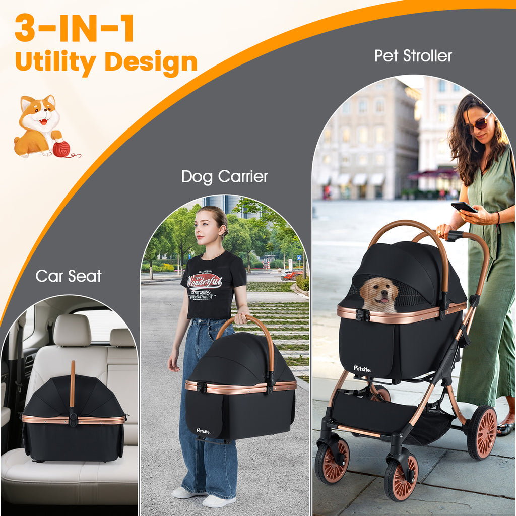 Costway 3-in-1 Foldable Pet Stroller with Sun Shade & Safety Belt - Black