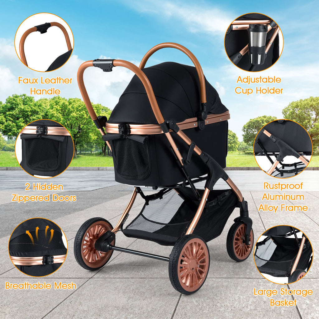 Costway 3-in-1 Foldable Pet Stroller with Sun Shade & Safety Belt - Black