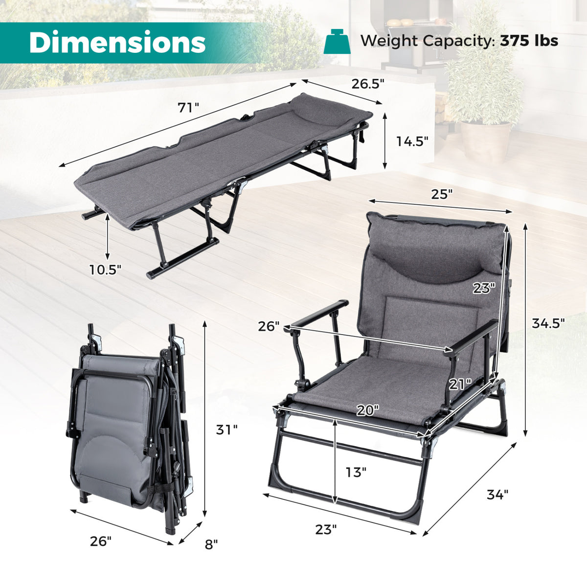 3-in-1 Folding Camping Cot Chair Sofa Bed - Gray