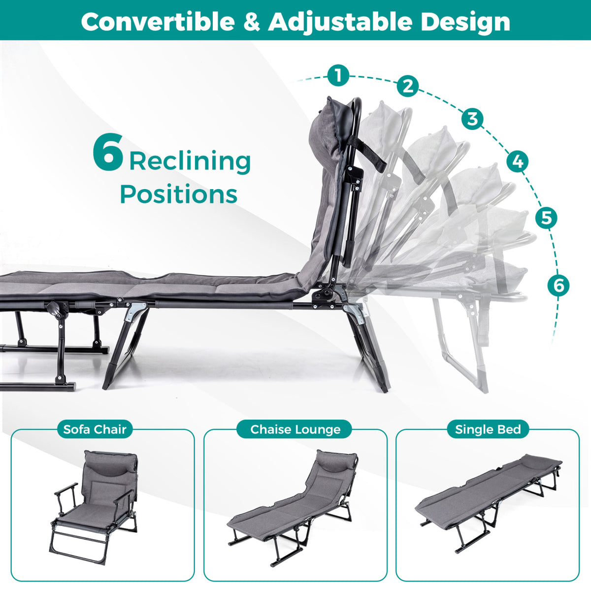 3-in-1 Folding Camping Cot Chair Sofa Bed - Gray