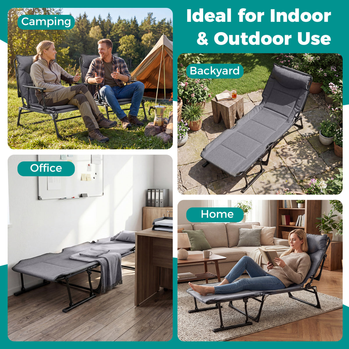 3-in-1 Folding Camping Cot Chair Sofa Bed - Gray