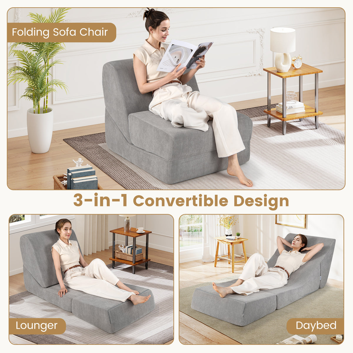 3-in-1 Folding Sofa Bed with Washable Cover – Gray