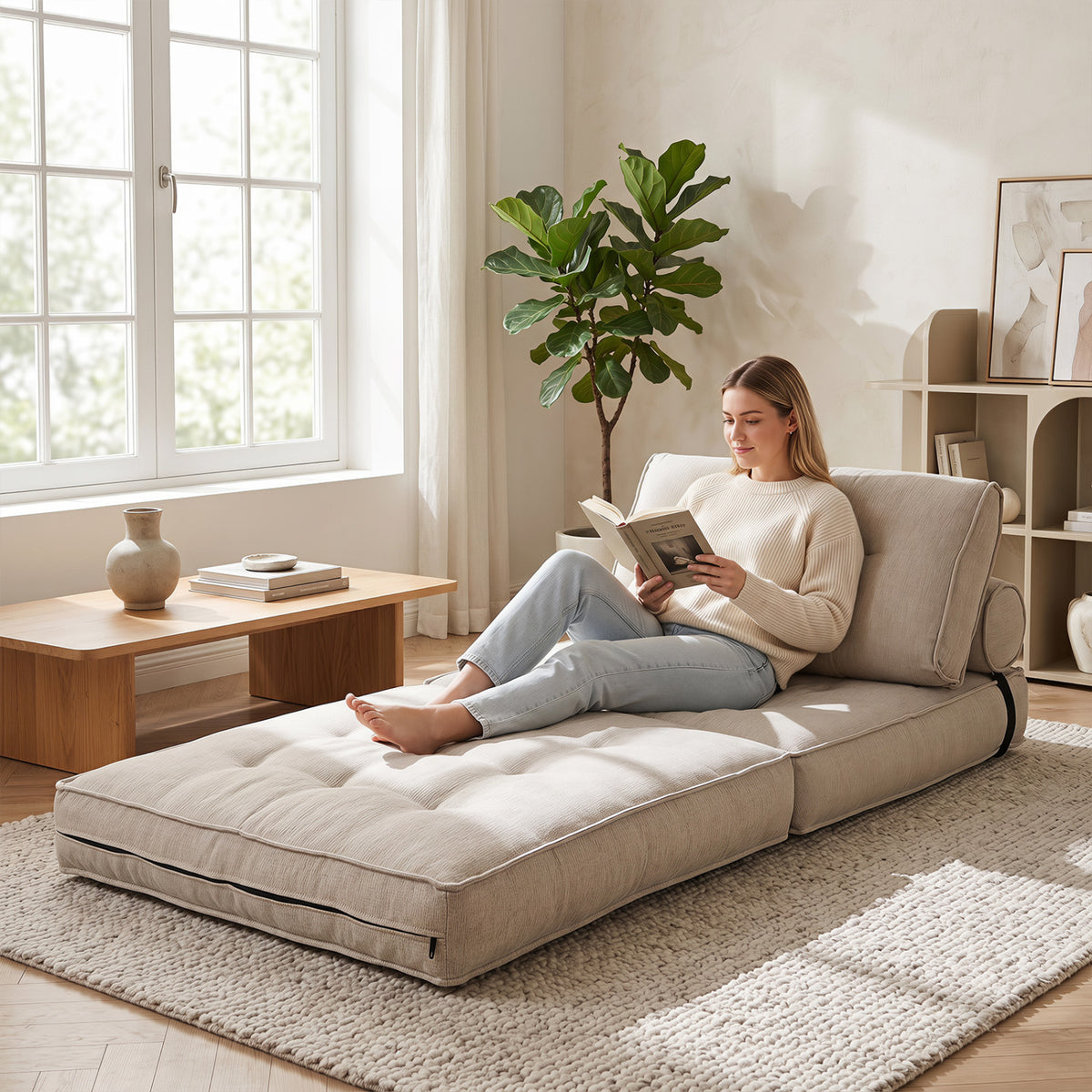 3-in-1 Folding Sofa Bed with Bolster - Beige