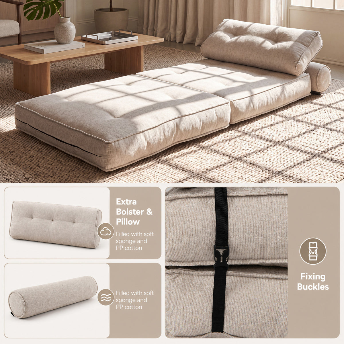 3-in-1 Folding Sofa Bed with Bolster - Beige