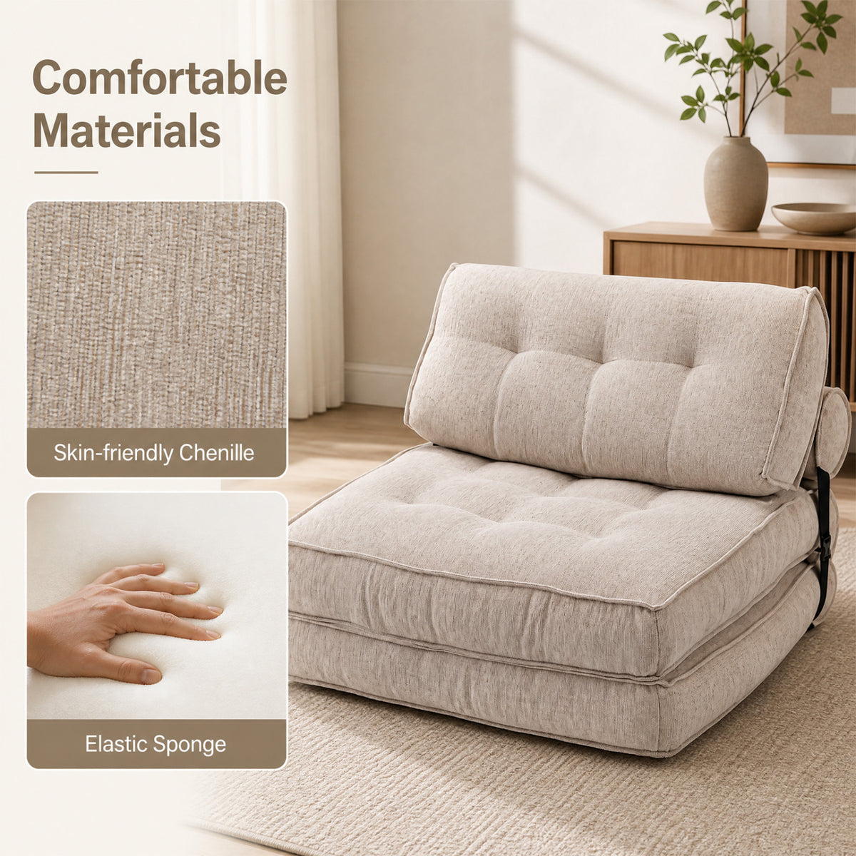 3-in-1 Folding Sofa Bed with Bolster - Beige
