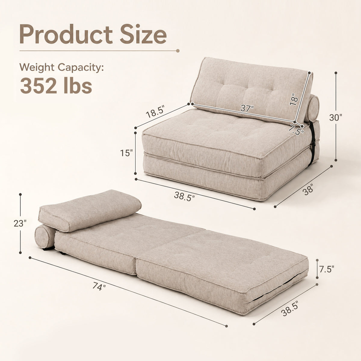 3-in-1 Folding Sofa Bed with Bolster - Beige