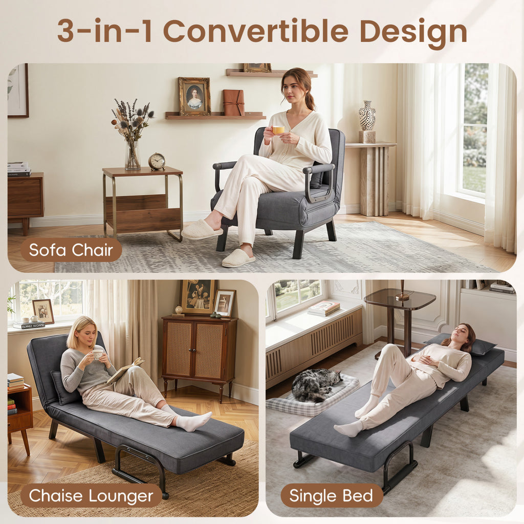 3-in-1 Folding Sofa Bed with Adjustable Backrest - Gray