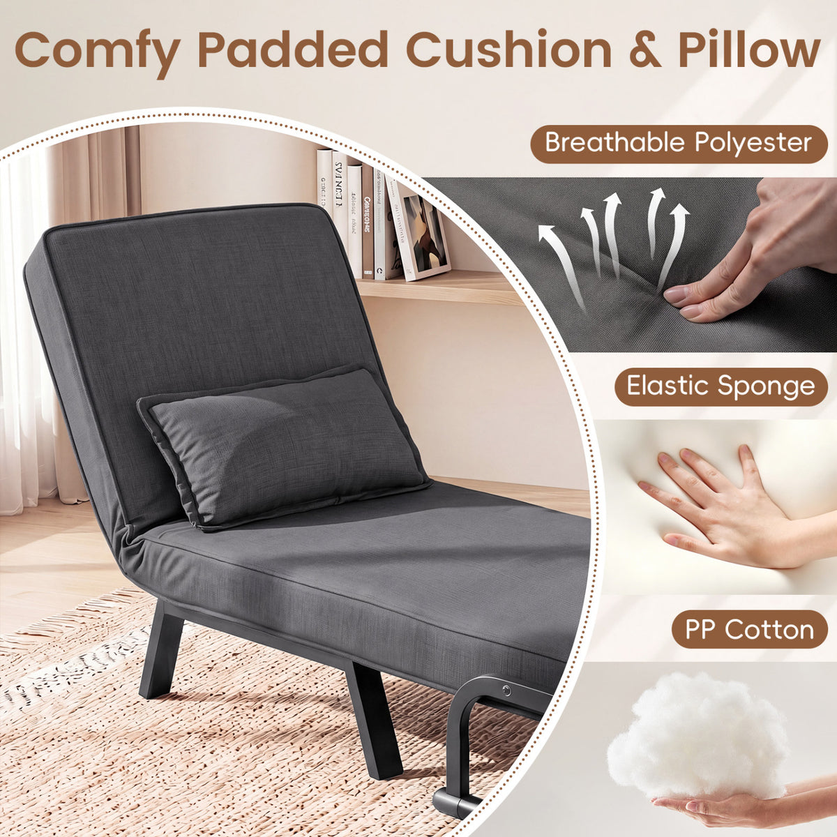 3-in-1 Folding Sofa Bed with Adjustable Backrest - Gray