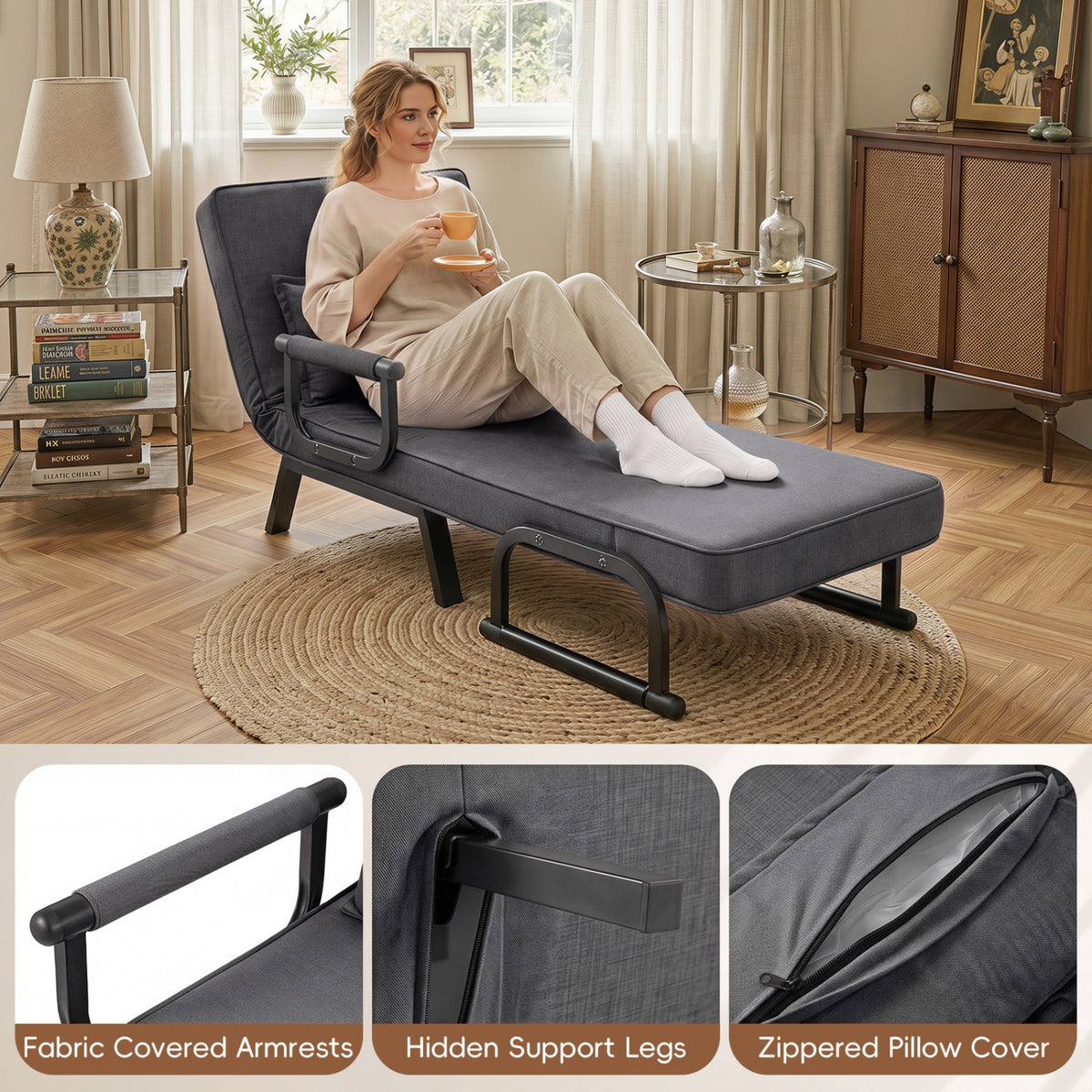 3-in-1 Folding Sofa Bed with Adjustable Backrest - Gray