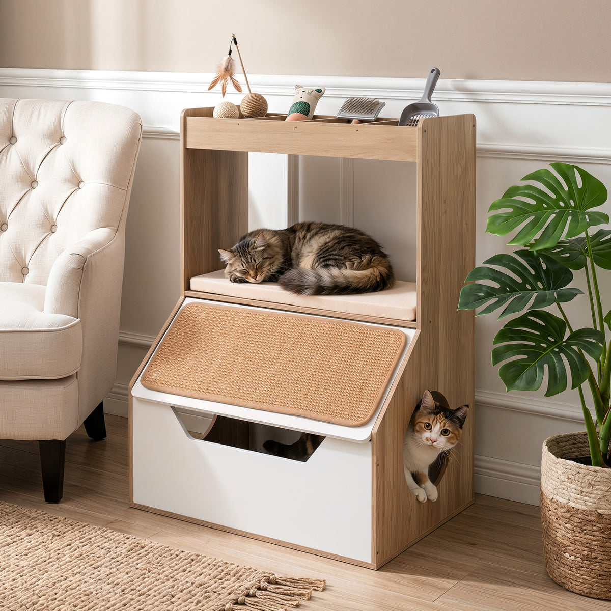 Natural 3-in-1 Cat House Cabinet with Cubbies, Scratching Pad & Removable Cushion