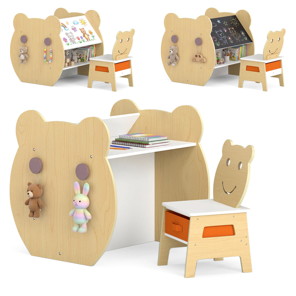 Kids Art Table and Chair Set with Storage & Reversible Whiteboard - White - 3-in-1 for Ages 3-10