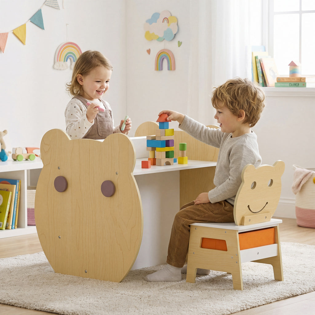 Kids Art Table and Chair Set with Storage & Reversible Whiteboard - White - 3-in-1 for Ages 3-10