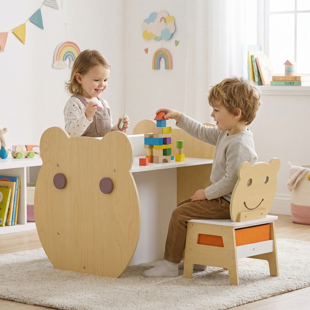 Kids Art Table and Chair Set with Storage & Reversible Whiteboard - White - 3-in-1 for Ages 3-10