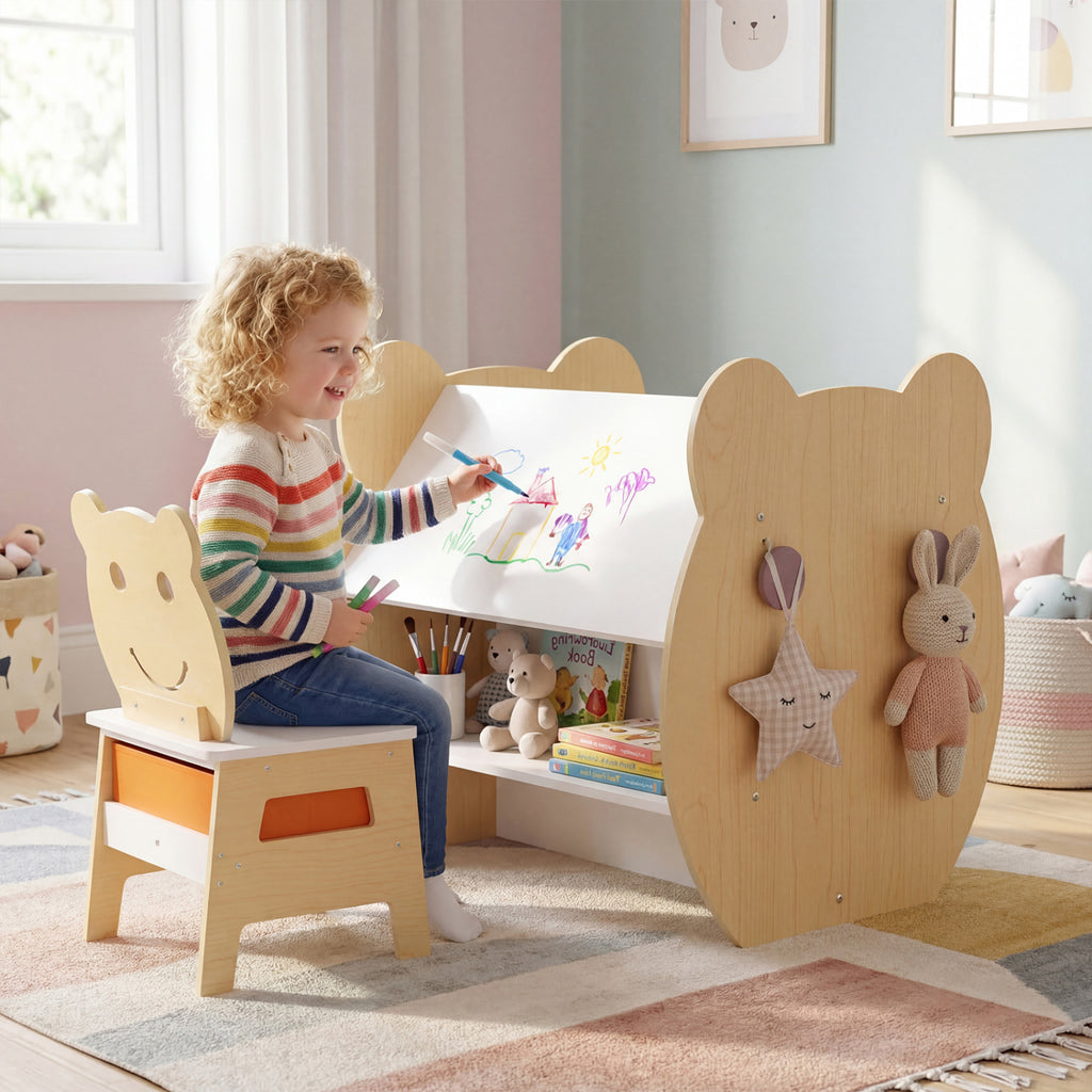 Kids Art Table and Chair Set with Storage & Reversible Whiteboard - White - 3-in-1 for Ages 3-10