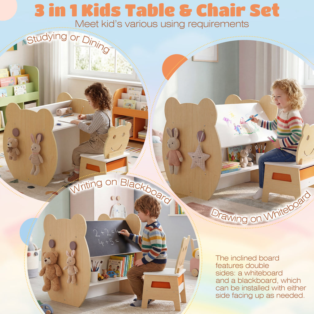 Kids Art Table and Chair Set with Storage & Reversible Whiteboard - White - 3-in-1 for Ages 3-10