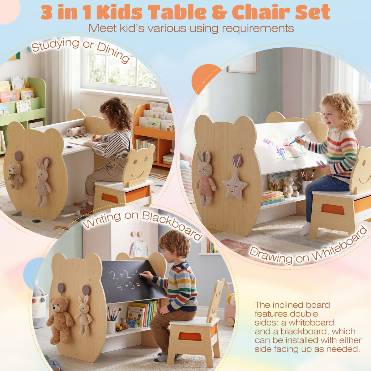 Kids Art Table and Chair Set with Storage & Reversible Whiteboard - White - 3-in-1 for Ages 3-10