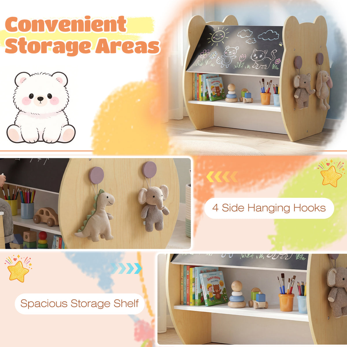 Kids Art Table and Chair Set with Storage & Reversible Whiteboard - White - 3-in-1 for Ages 3-10
