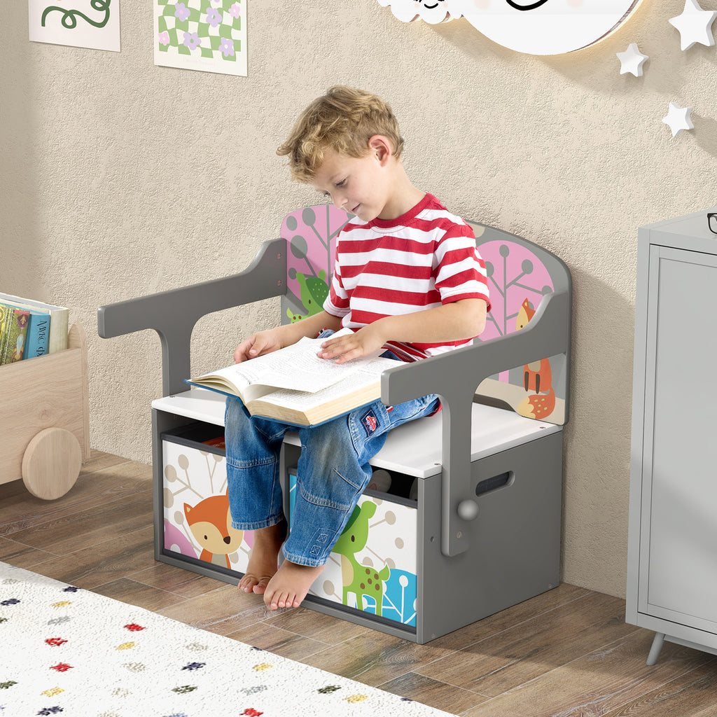 Kids 3-in-1 Convertible Activity Bench with 2 Removable Fabric Bins - Gray