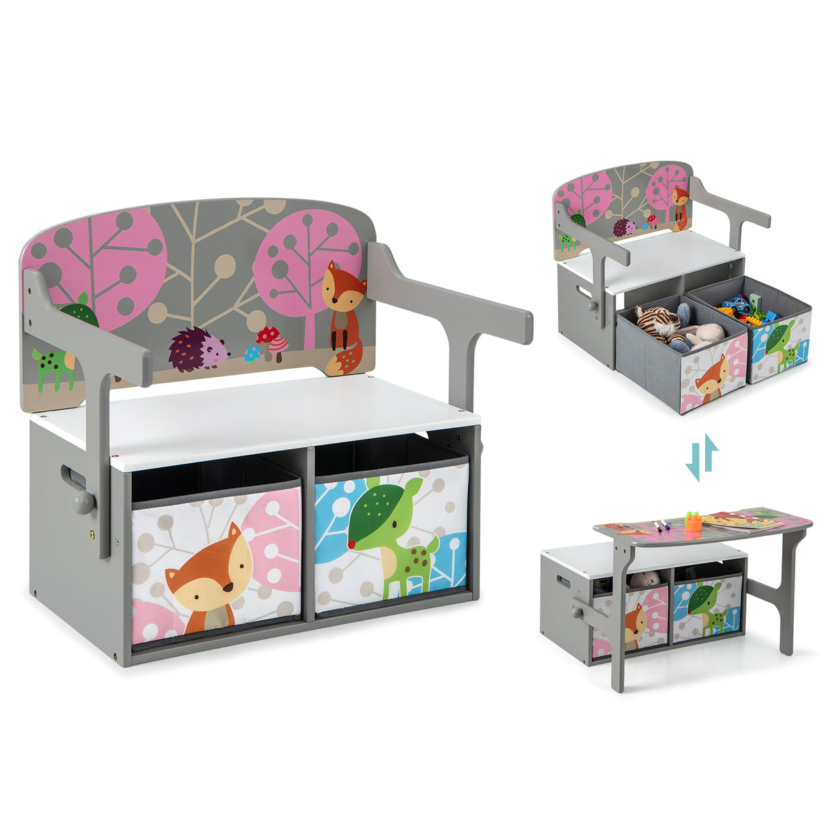 Kids 3-in-1 Convertible Activity Bench with 2 Removable Fabric Bins - Gray