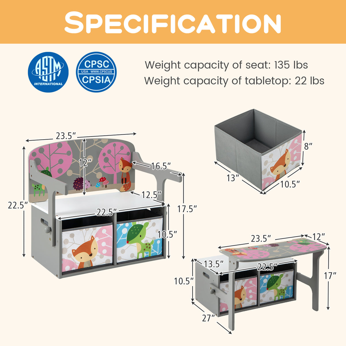 Kids 3-in-1 Convertible Activity Bench with 2 Removable Fabric Bins - Gray
