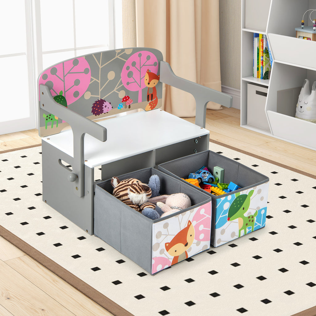 Kids 3-in-1 Convertible Activity Bench with 2 Removable Fabric Bins - Gray