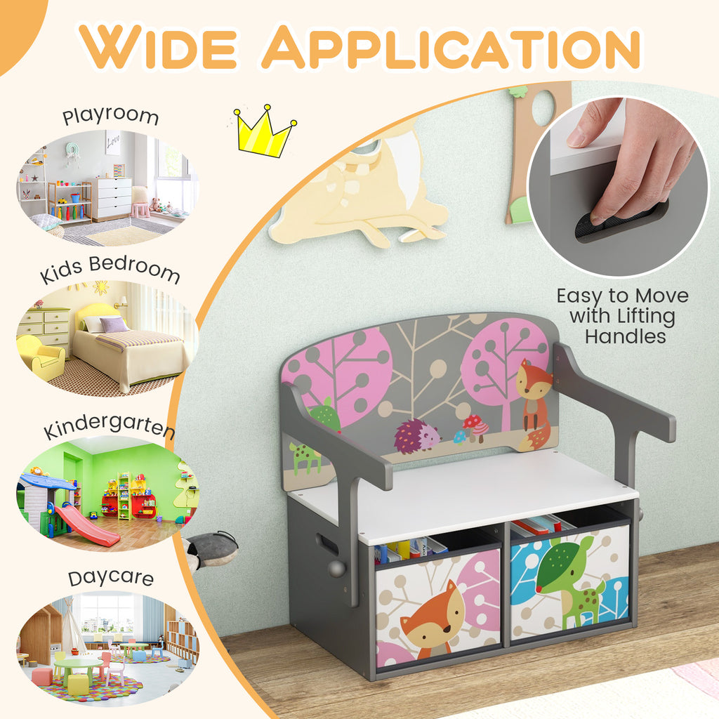 Kids 3-in-1 Convertible Activity Bench with 2 Removable Fabric Bins - Gray