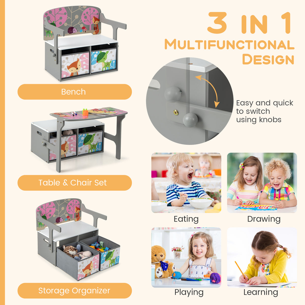 Kids 3-in-1 Convertible Activity Bench with 2 Removable Fabric Bins - Gray