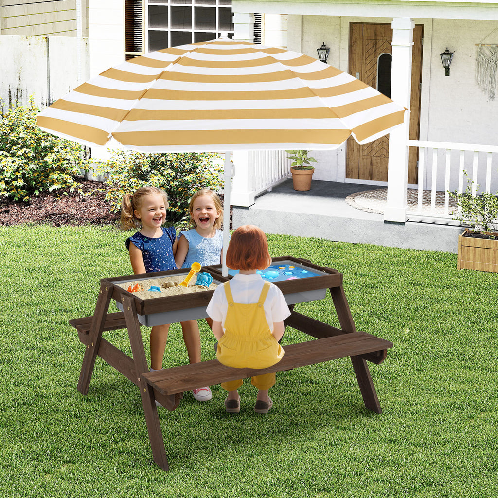 Kids 3-in-1 Outdoor Water & Sand Play Table with Removable Umbrella and Storage Boxes - Coffee