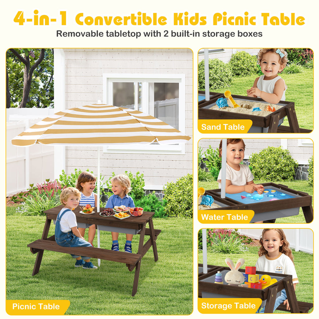 Kids 3-in-1 Outdoor Water & Sand Play Table with Removable Umbrella and Storage Boxes - Coffee