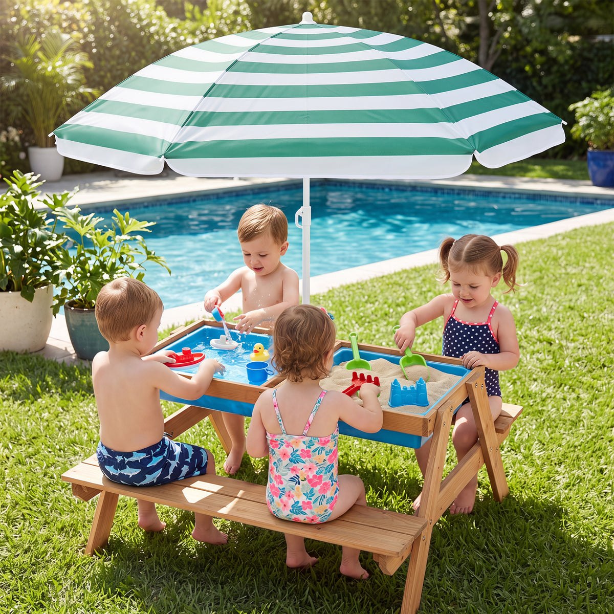 Kids 3-in-1 Outdoor Water and Sand Play Table with Removable Umbrella - Light Green