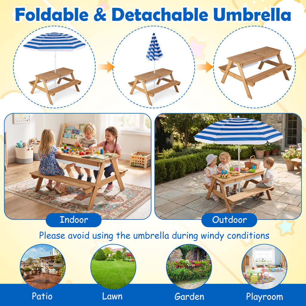 Kids 3-in-1 Outdoor Water and Sand Play Table with Removable Umbrella - Navy