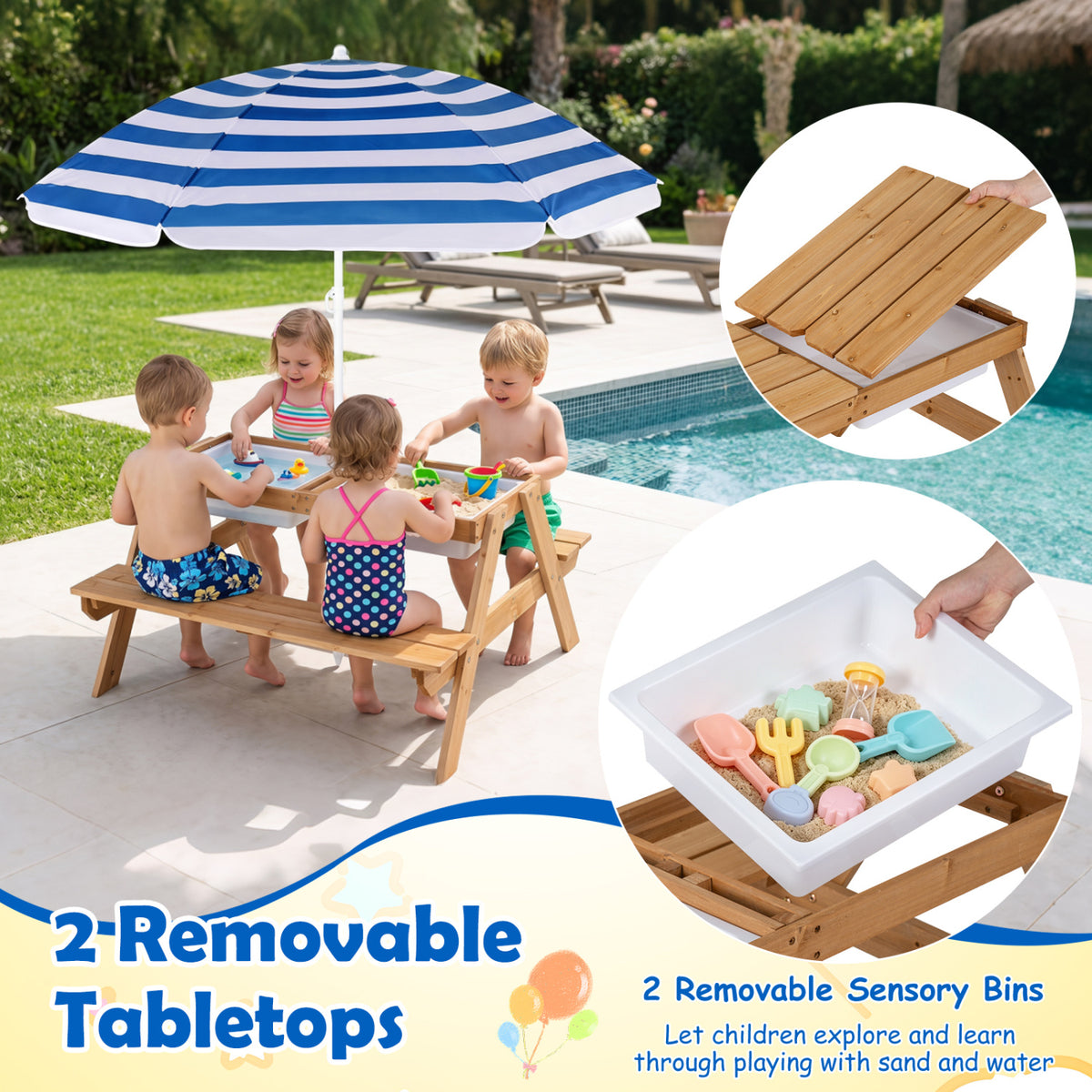 Kids 3-in-1 Outdoor Water and Sand Play Table with Removable Umbrella - Navy