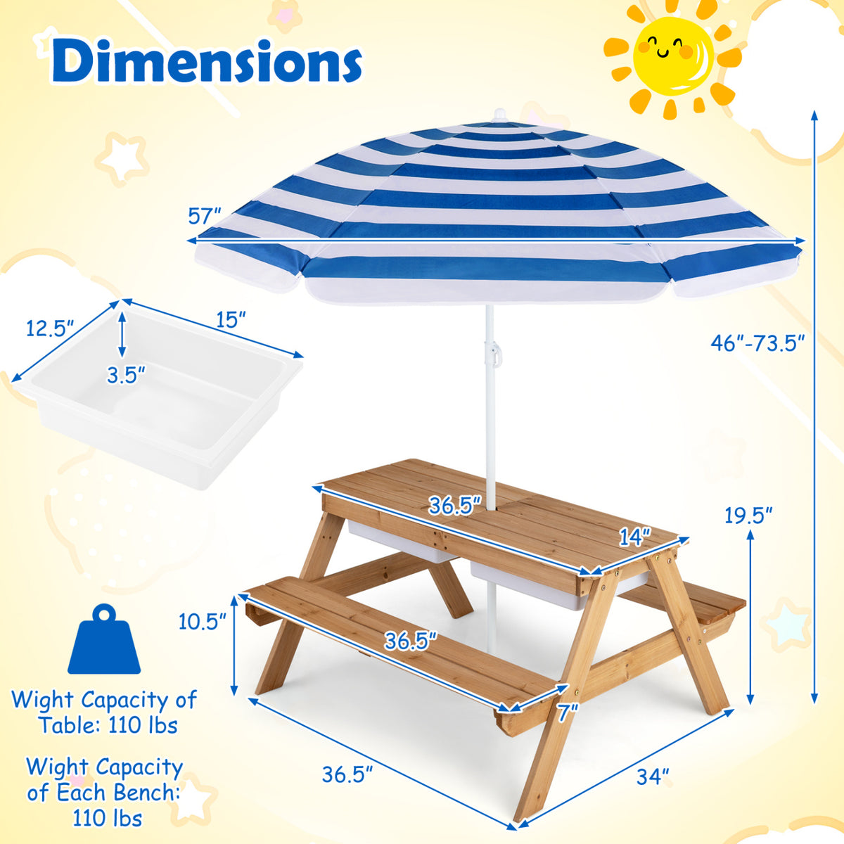 Kids 3-in-1 Outdoor Water and Sand Play Table with Removable Umbrella - Navy