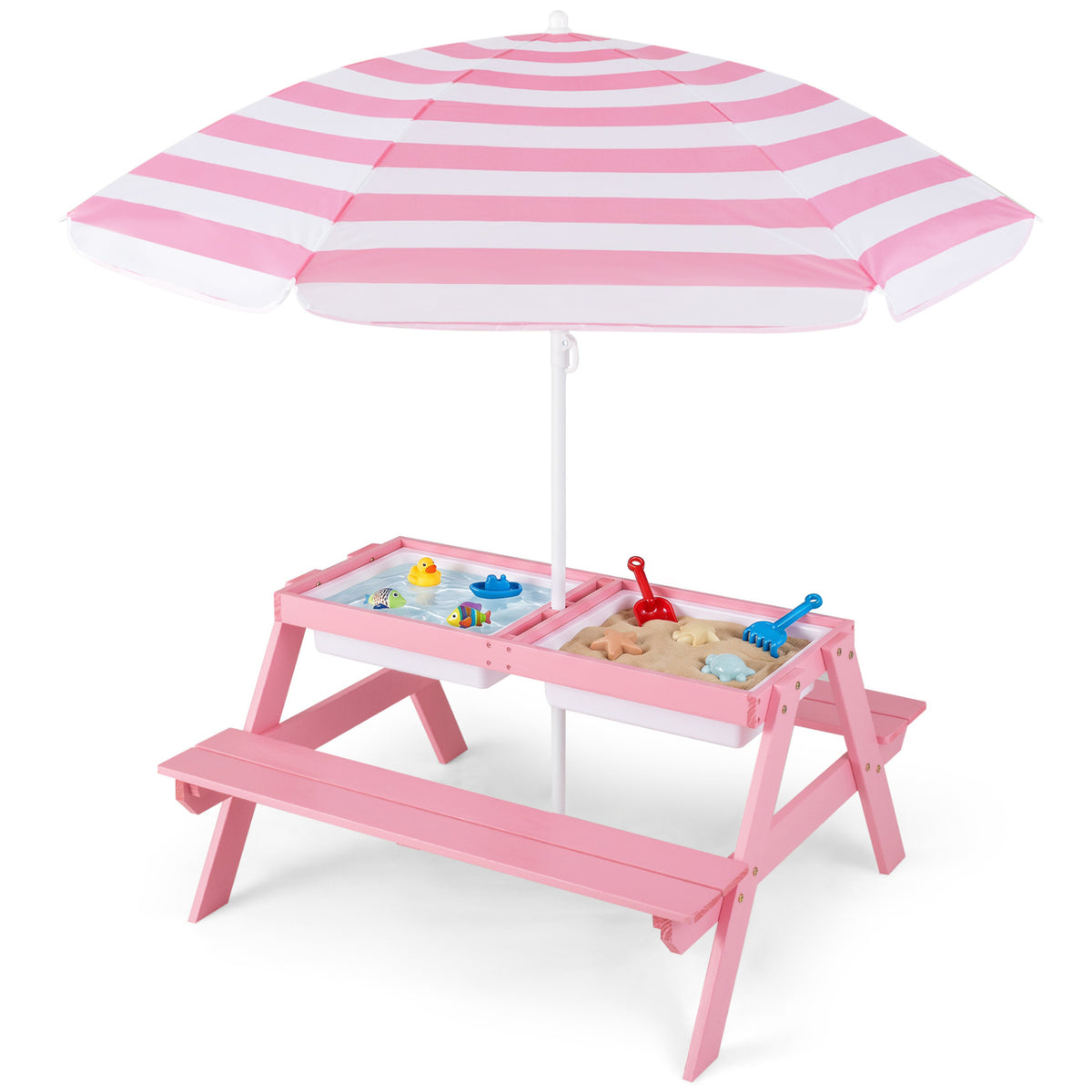 Kids 3-in-1 Outdoor Sand Water Table with Removable Umbrella and Storage Boxes - Pink